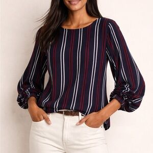 CABI Balloon Sleeve Stripe Blouse Preppy Coastal Minimalist Navy Red
